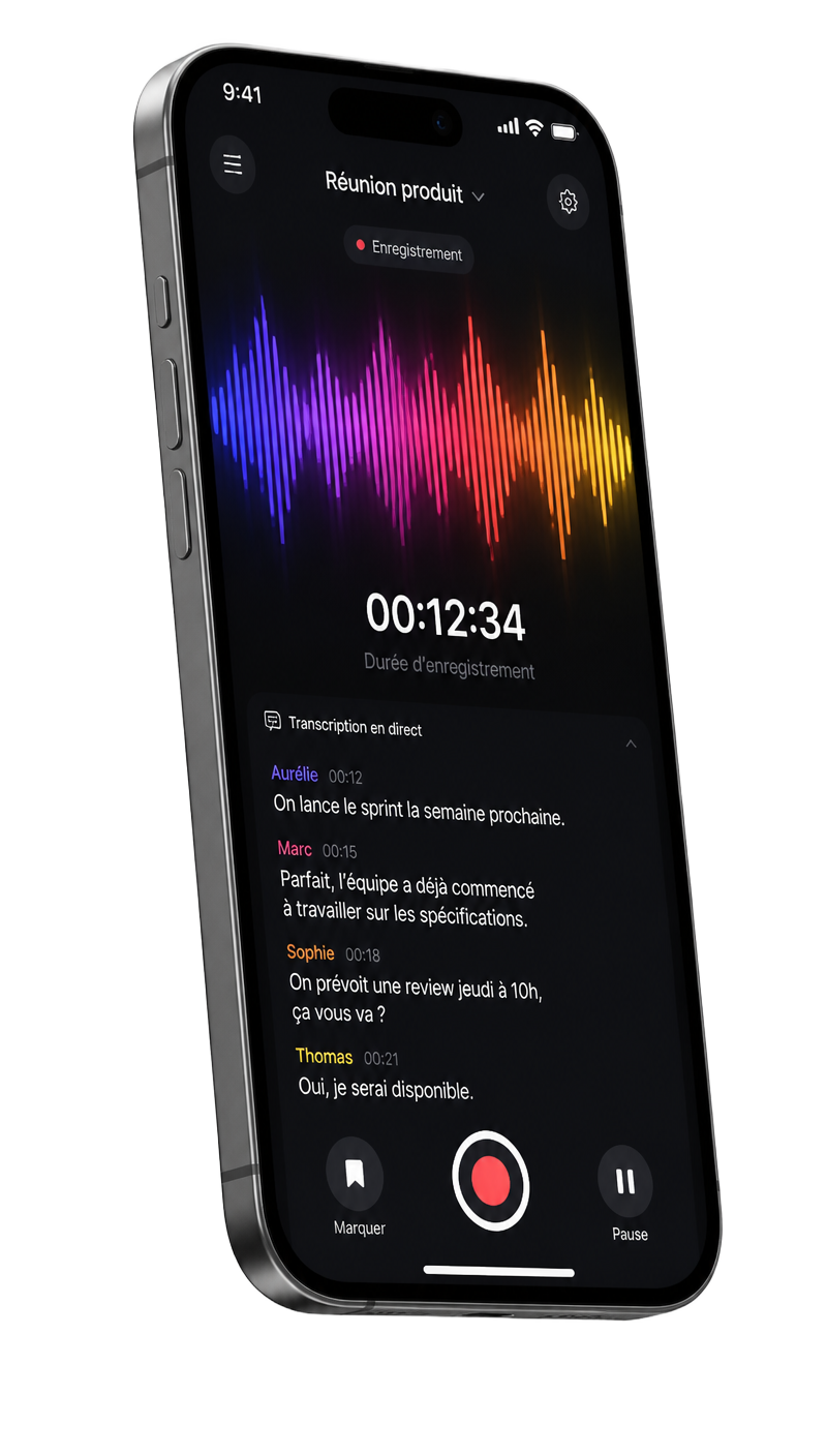 Interface Récap sur iPhone montrant un enregistrement et une transcription en direct